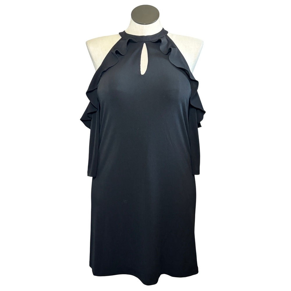 Jennifer Lopez Womens Black Ruffle Cold Shoulder Halter Keyhole Shift Dress M